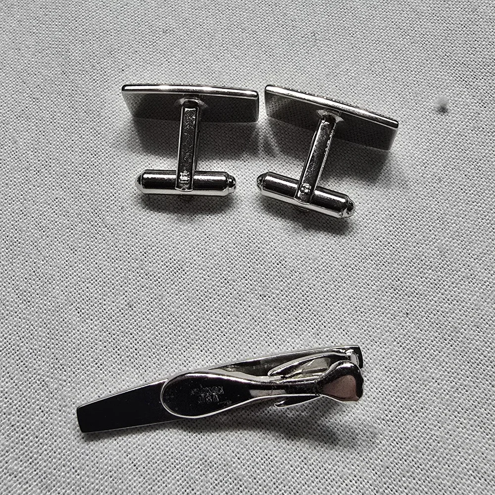 Vtg Hickock USA Silvertone MCM 1960's Silvertone Chevron Cufflinks & Tie Clip